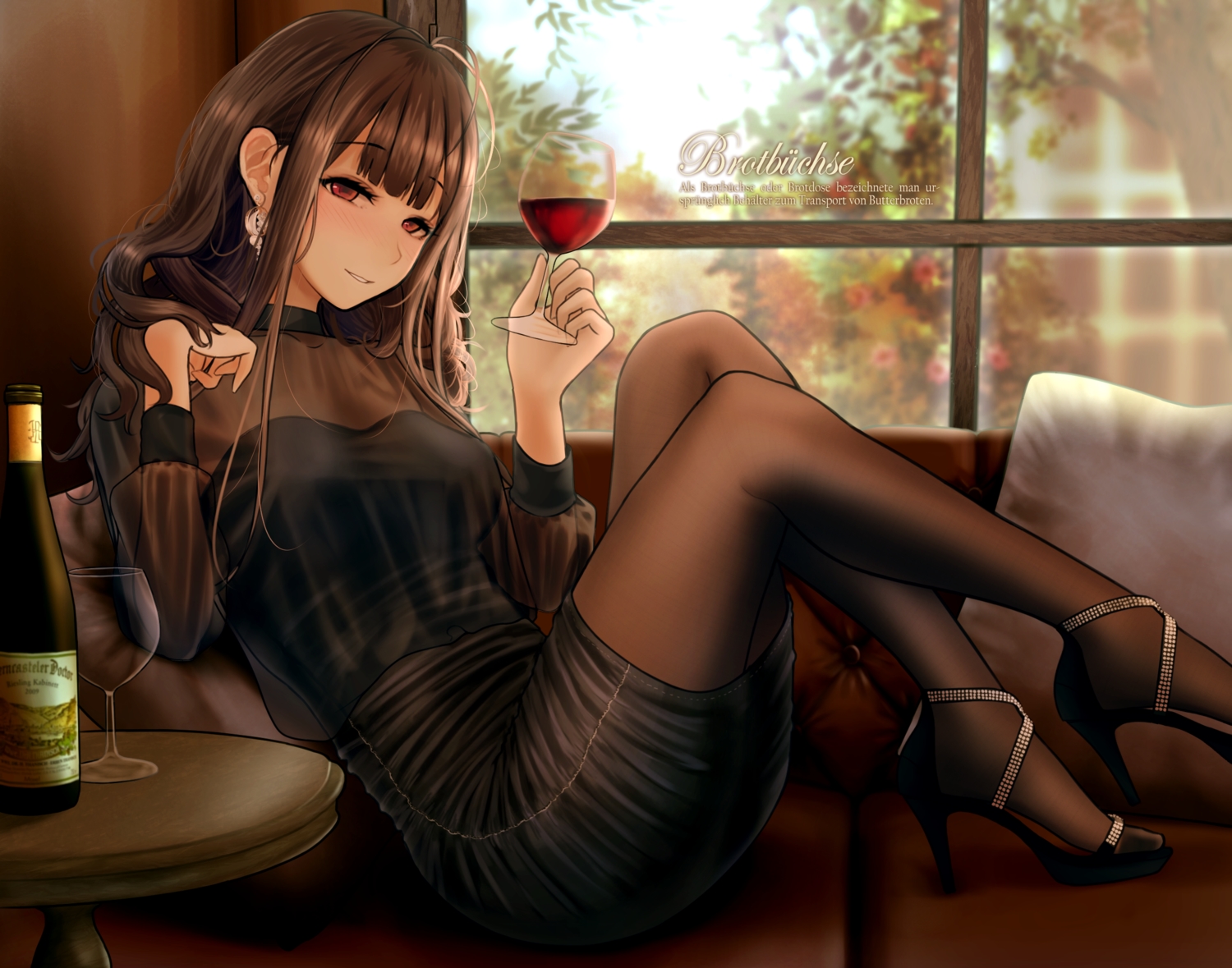 anthropomorphism, brown_hair, couch, cropped, dress, drink, dsr-50_(girls_frontline), girls_frontline, long_hair, pantyhose, testame, translation_request