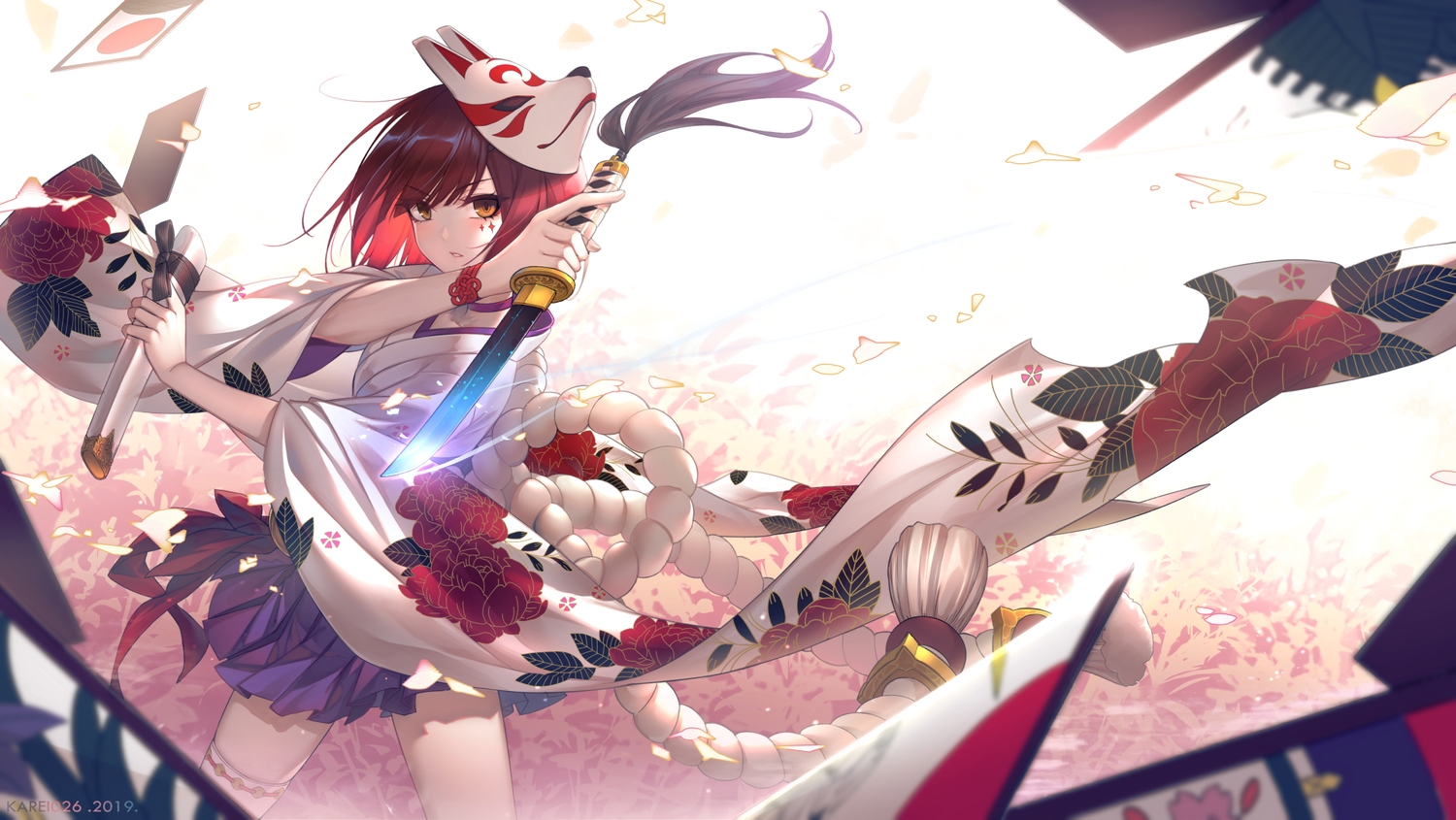curry_bowl, japanese_clothes, mask, orange_eyes, original, red_hair, rope, short_hair