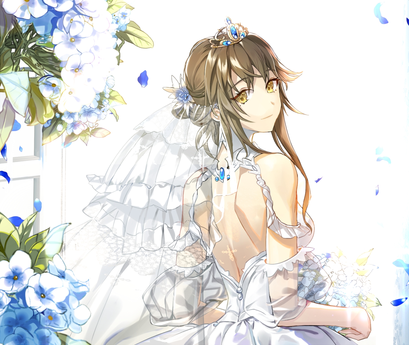 brown_hair, ddaomphyo, dress, flowers, forever_7th_capital, headdress, tiara, wedding_attire