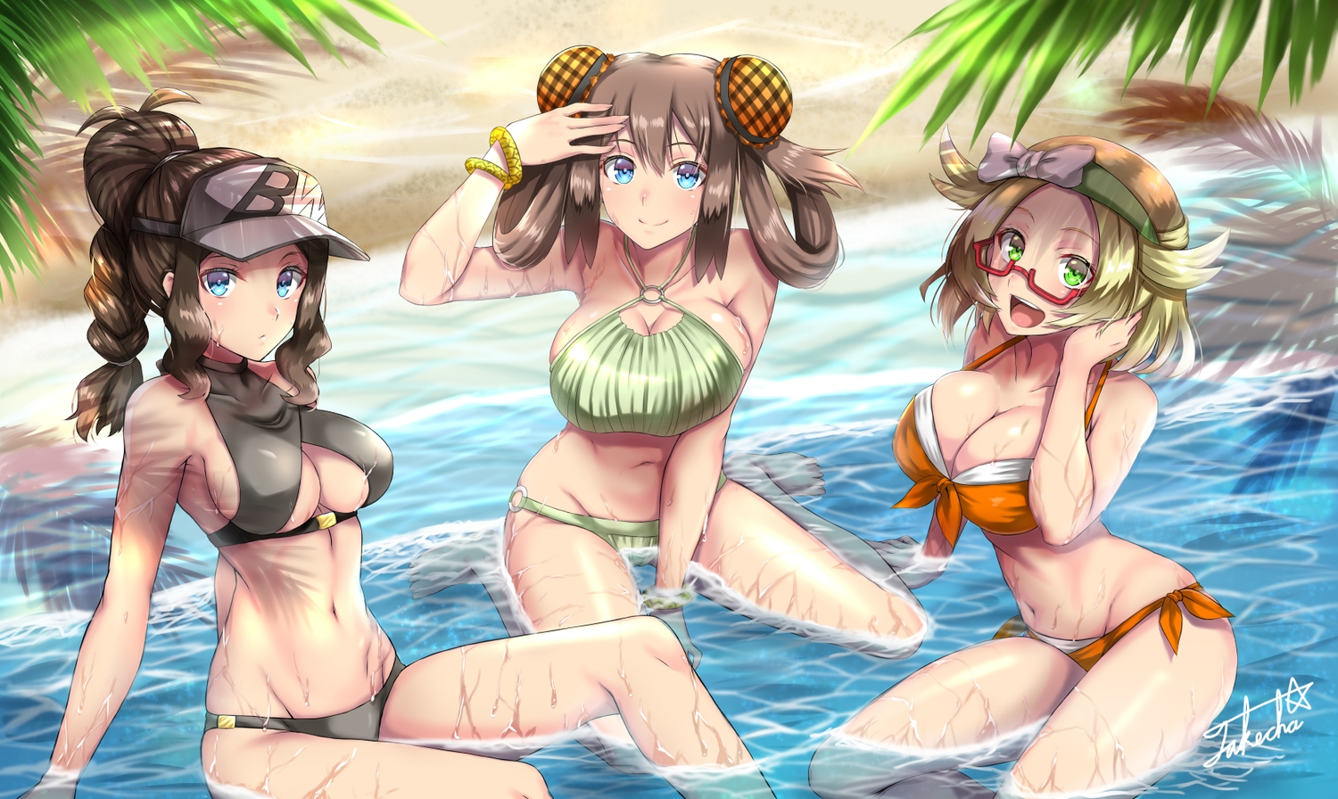 aliasing, bel_(pokemon), bikini, glasses, mei_(pokemon), pokemon, signed, swimsuit