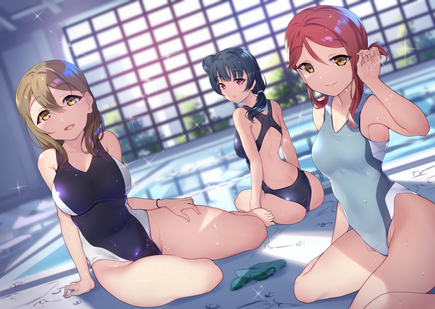 barefoot, blush, brown_hair, green_hair, kunikida_hanamaru, love_live!_school_idol_project, love_live!_sunshine!!, ponytail