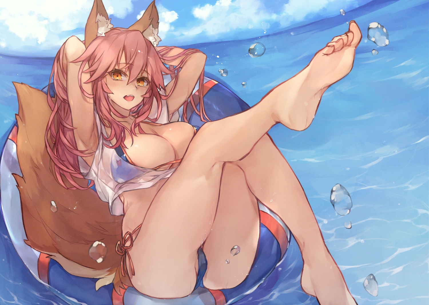 animal_ears, barefoot, bikini, breasts, cleavage, fang, fate/grand_order, fate_(series), foxgirl, long_hair, orange_eyes, pink_hair, purin_uni, swim_ring, swimsuit, tail, tamamo_no_mae_(fate), water