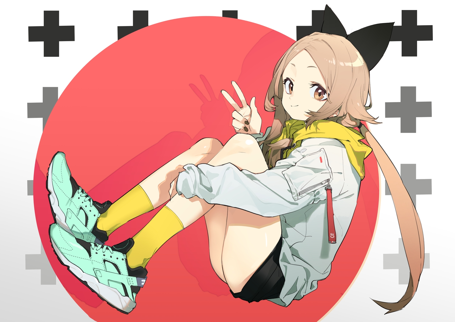 bow, brown_eyes, brown_hair, hood, jong_tu, kneehighs, long_hair, original