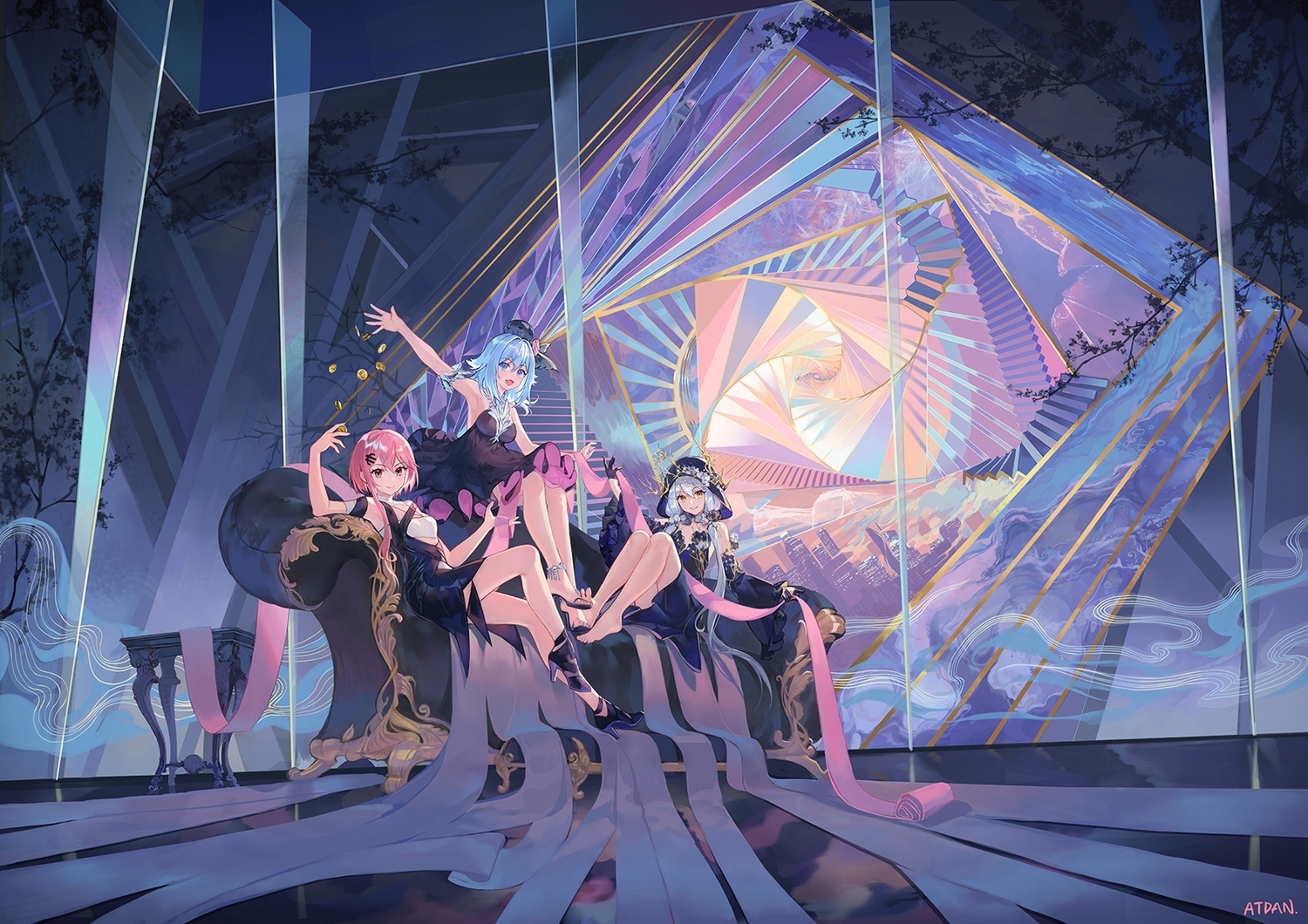 aqua_eyes, aqua_hair, atdan, blue_hair, chiyu_(synthv), couch, dress, gloves, haiyi, hood, long_hair, orange_eyes, pink_hair, red_eyes, short_hair, signed, stairs, synthesizer_v, twintails, vocaloid, xingchen