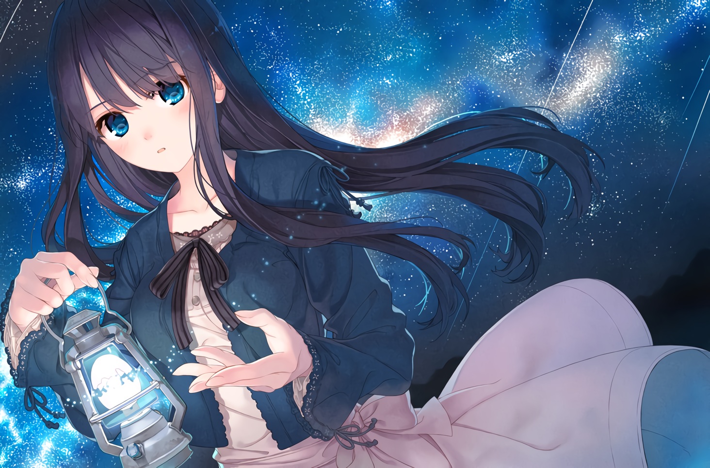 amamiya_chiharu, black_hair, blue_eyes, long_hair, original, sky, stars, waifu2x