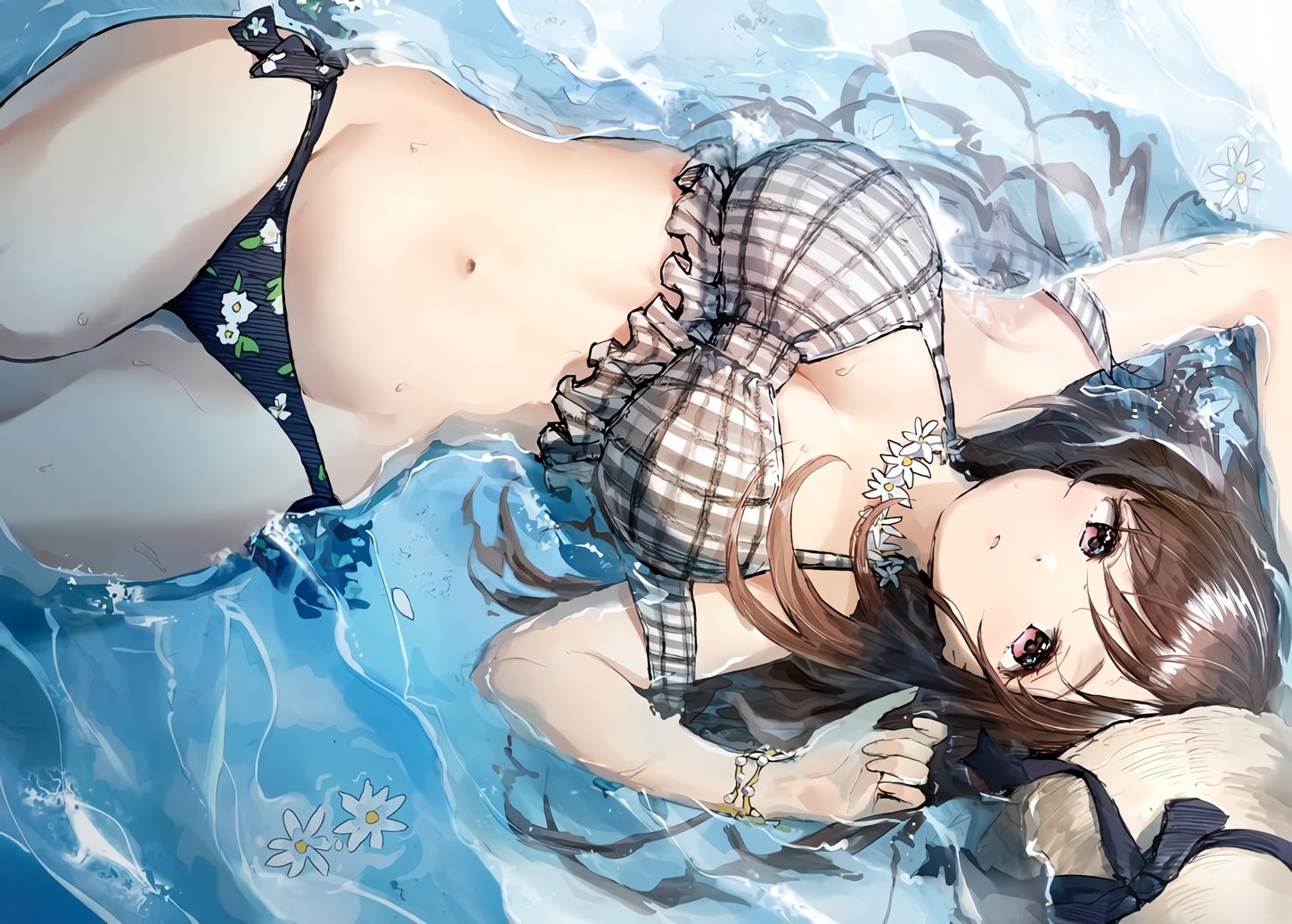 bikini, breasts, brown_hair, cleavage, flowers, hat, idolmaster, idolmaster_shiny_colors, navel, red_eyes, swimsuit, takeashiro, tsukioka_kogane, waifu2x, water, wristwear