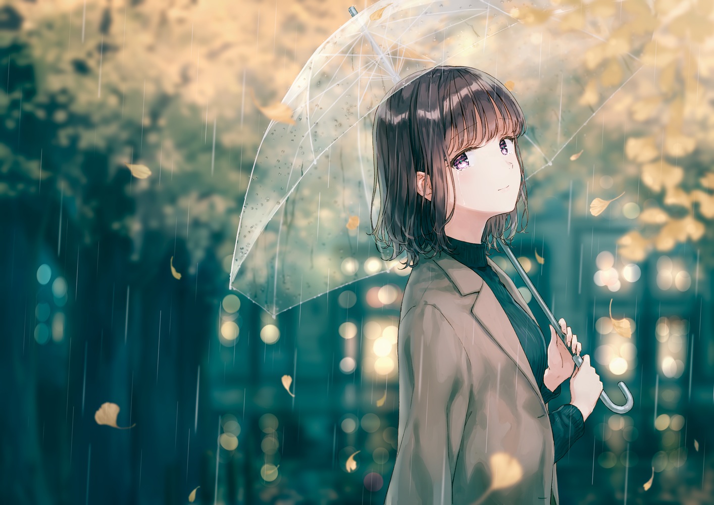 black_hair, cape, crying, hiten_(hitenkei), leaves, original, purple_eyes, rain