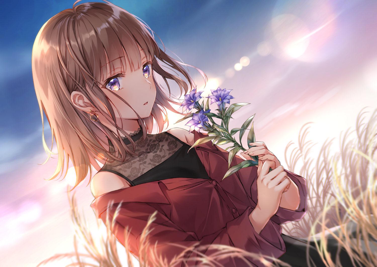 brown_hair, flowers, higeneko, original, purple_eyes, short_hair, sky