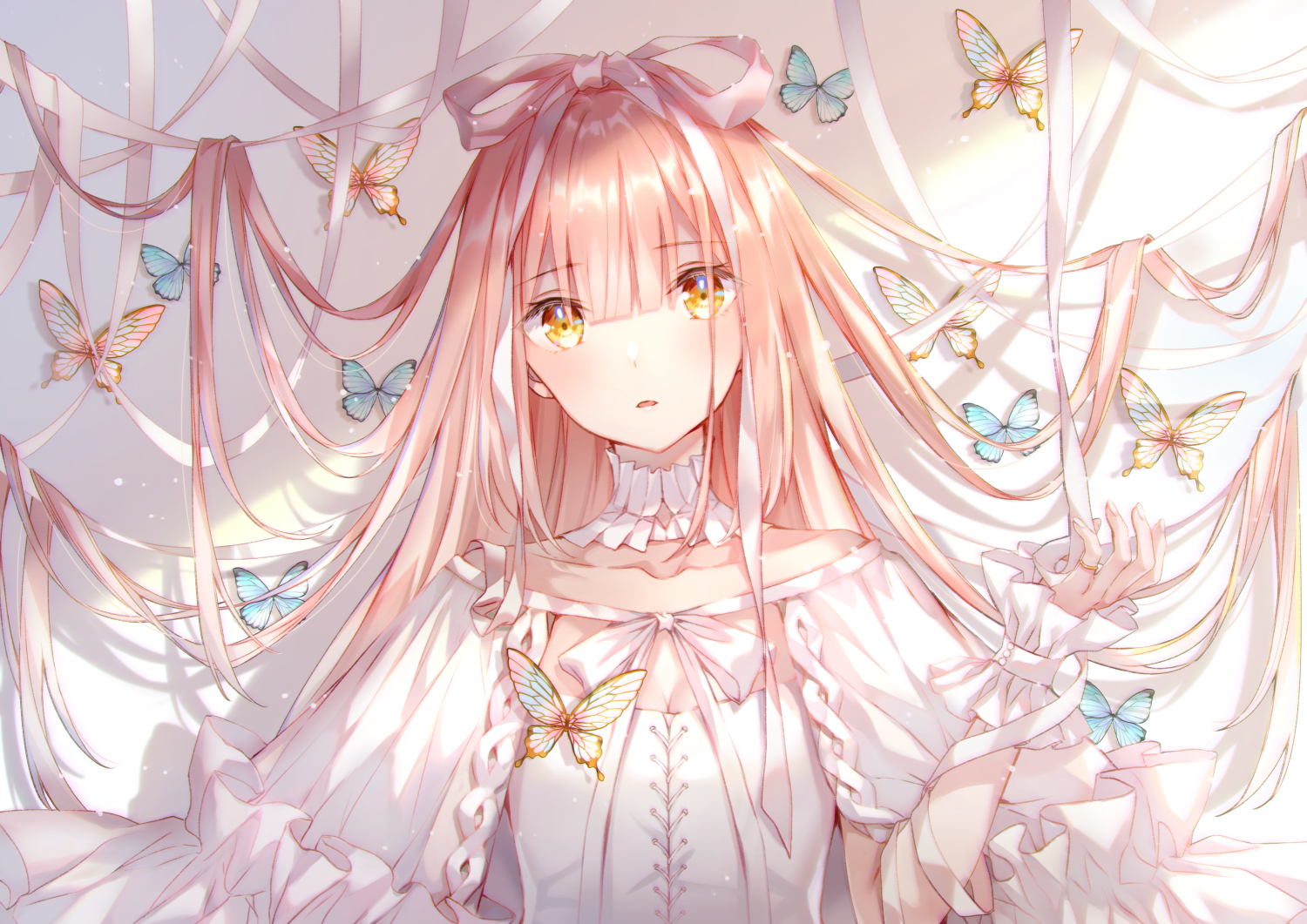 butterfly, higeneko, long_hair, original, pink_hair, ribbons, yellow_eyes