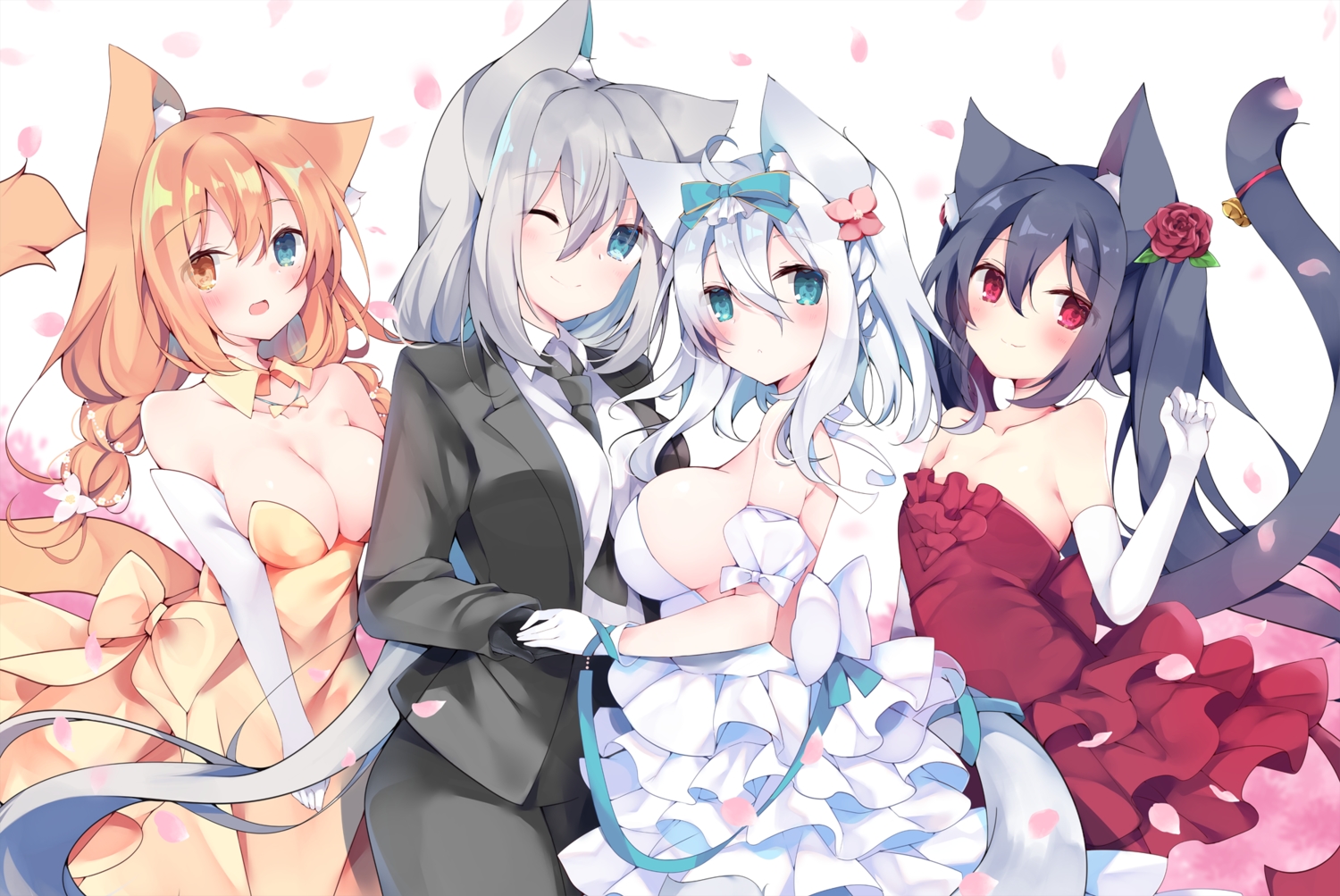 animal_ears, bicolored_eyes, black_hair, blue_eyes, blush, bow, braids, breasts, brown_hair, catgirl, cleavage, dress, elbow_gloves, flowers, gloves, gray_hair, group, long_hair, no_bra, original, red_eyes, rose, satsuki_mayuri, sideboob, suit, tail, tie, wink