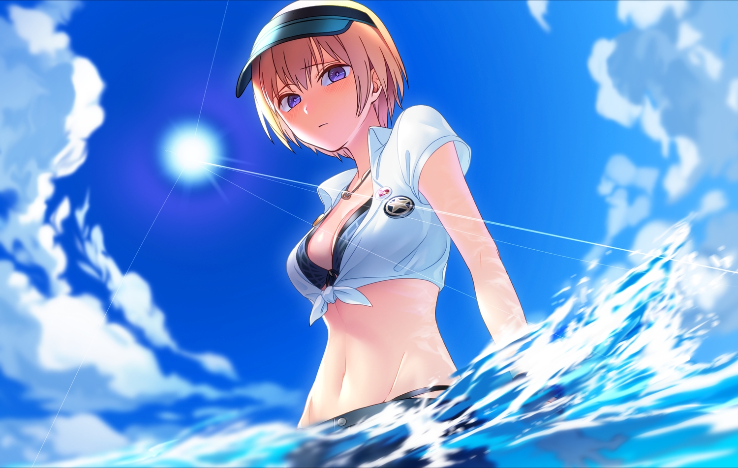 bikini_top, blonde_hair, blue_eyes, blush, breasts, cleavage, clouds, gomibukurokarasu, hat, idolmaster, idolmaster_shiny_colors, necklace, saijou_juri, short_hair, sky, water