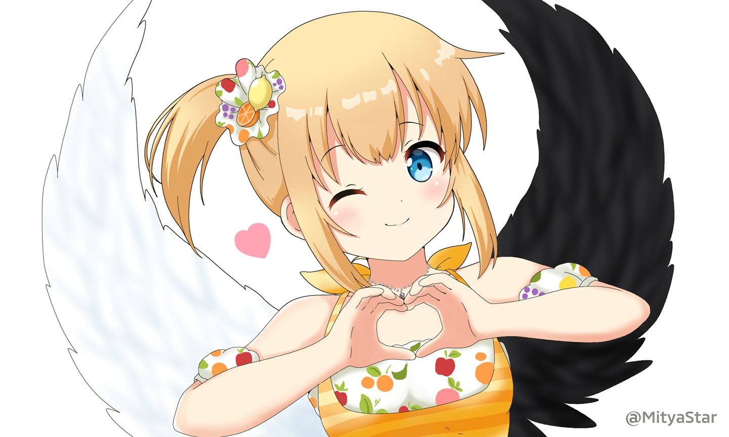 blonde_hair, blue_eyes, close, heart, maaru_(shironeko_project), miicha, necklace, ponytail, shironeko_project, short_hair, watermark, white, wings, wink