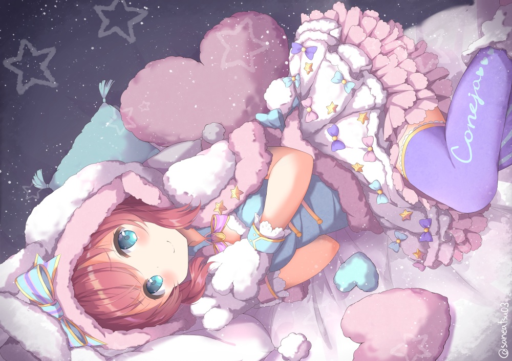 animal_ears, aqua_eyes, bed, bow, bunny_ears, bunnygirl, cape, gloves