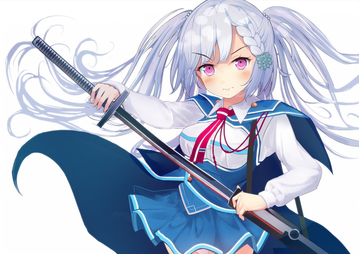 blush, braids, cape, katana, kazamine_matsurika, long_hair, miyabi_(miyabi_r18), panties, pink_eyes, shiraha_kirameku_koi_shirabe, skirt, sword, twintails, underwear, uniform, weapon, white, white_hair