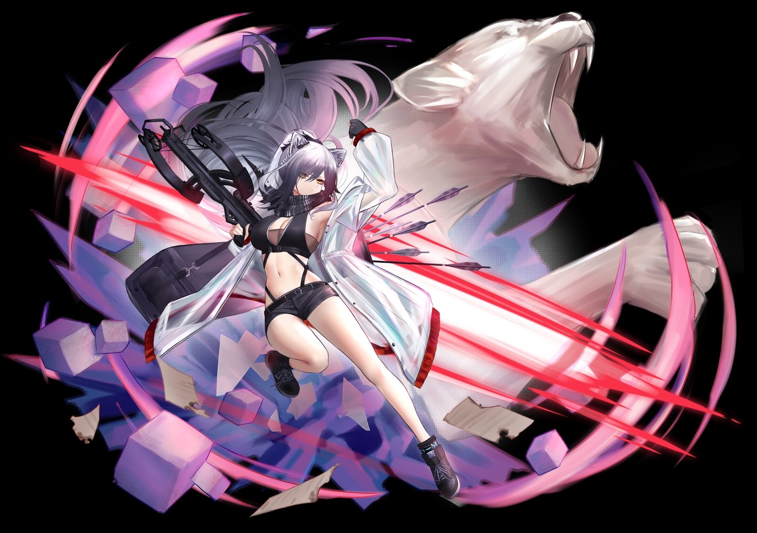 animal, animal_ears, arknights, bow_(weapon), catgirl, eternity_(pixiv8012826), gloves, navel