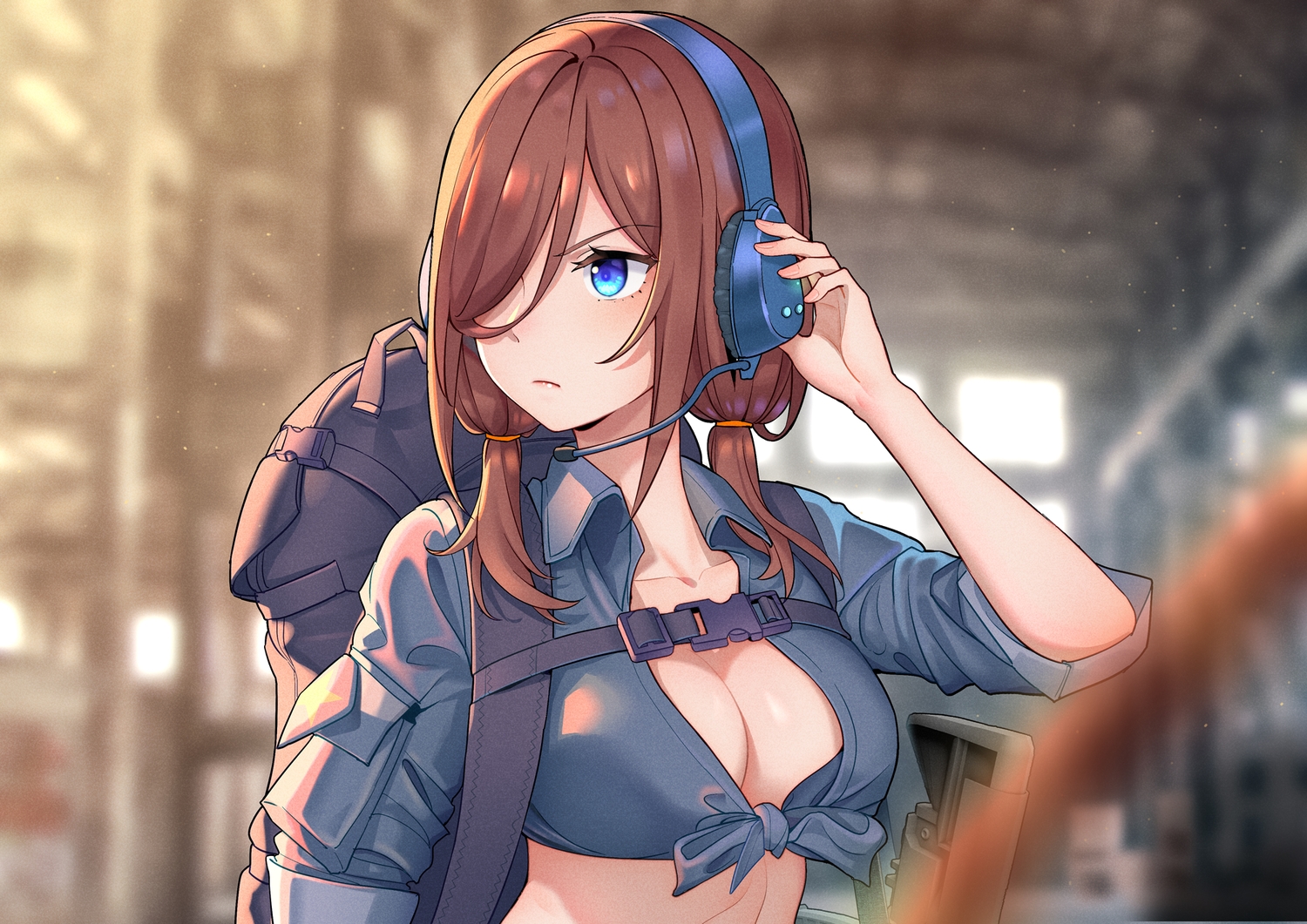 aqua_eyes, breasts, cleavage, close, go-toubun_no_hanayome, gun, headphones, kongbai, nakano_miku, red_hair, twintails, weapon