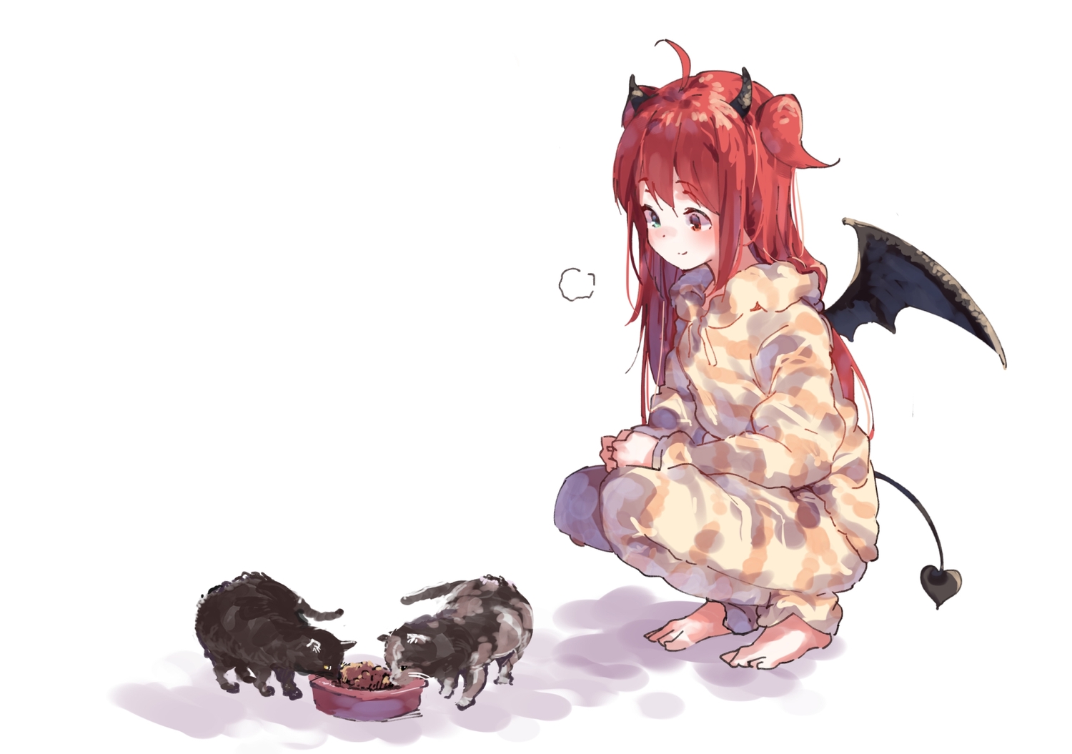 animal, barefoot, bicolored_eyes, cat, demon, hood, horns, lamb_(hitsujiniku), nijisanji, pajamas, tail, white, wings, yuzuki_roa