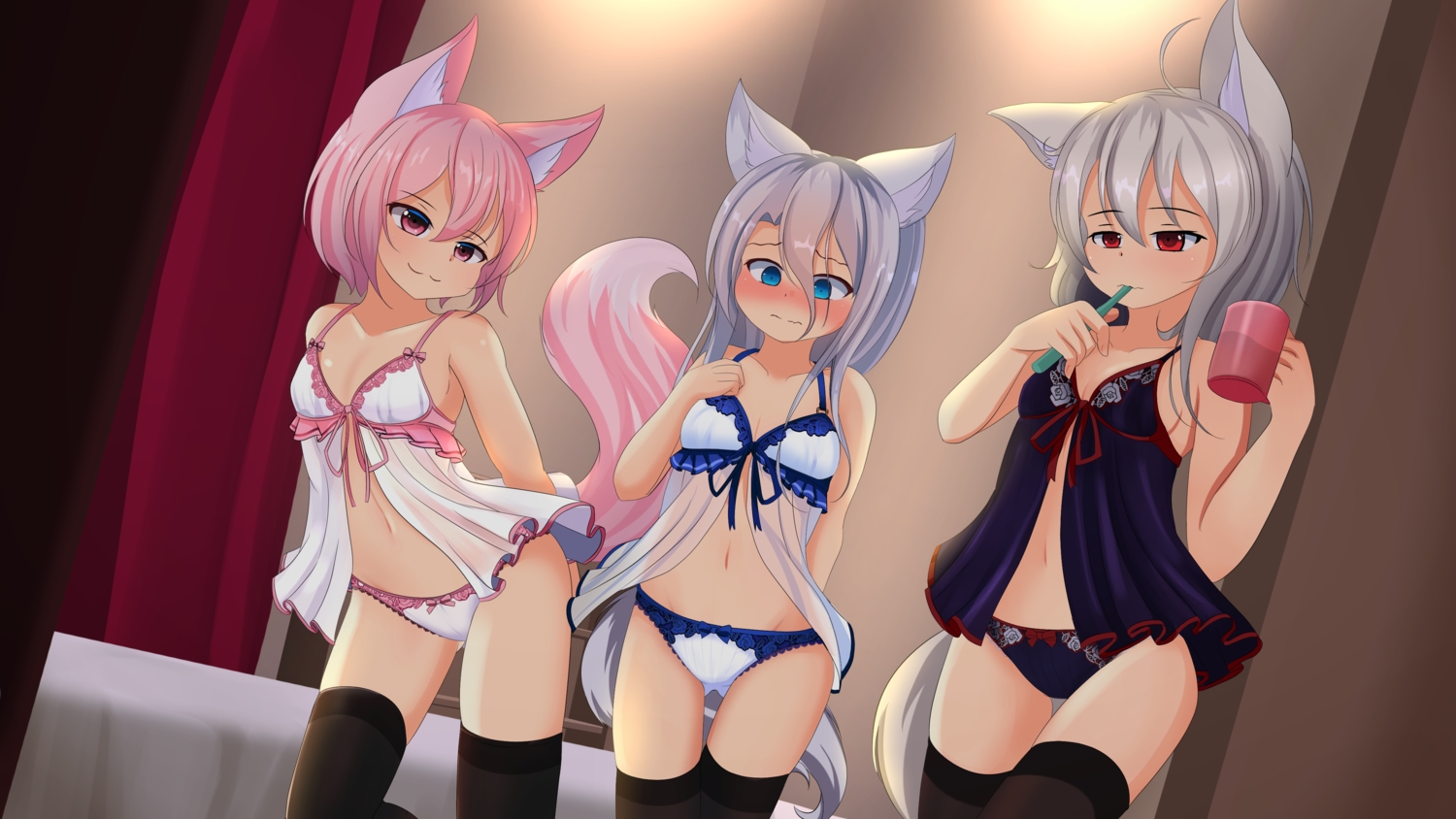 animal_ears, bed, blush, breasts, cleavage, gray_hair, group, hotel01, loli, original, pink_hair, tail, thighhighs, underwear, wolfgirl