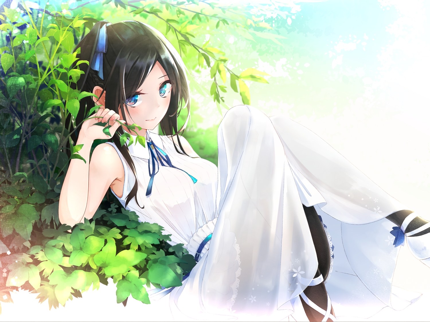 black_hair, blue_eyes, blush, breasts, dress, long_hair, original, oriuo_q, pantyhose, ribbons
