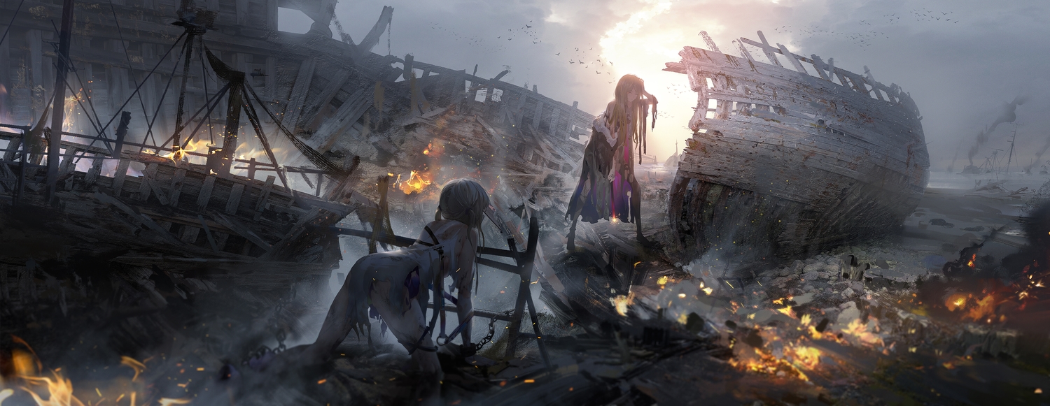 2girls, boat, bondage, chain, fire, kvpk5428, long_hair, original