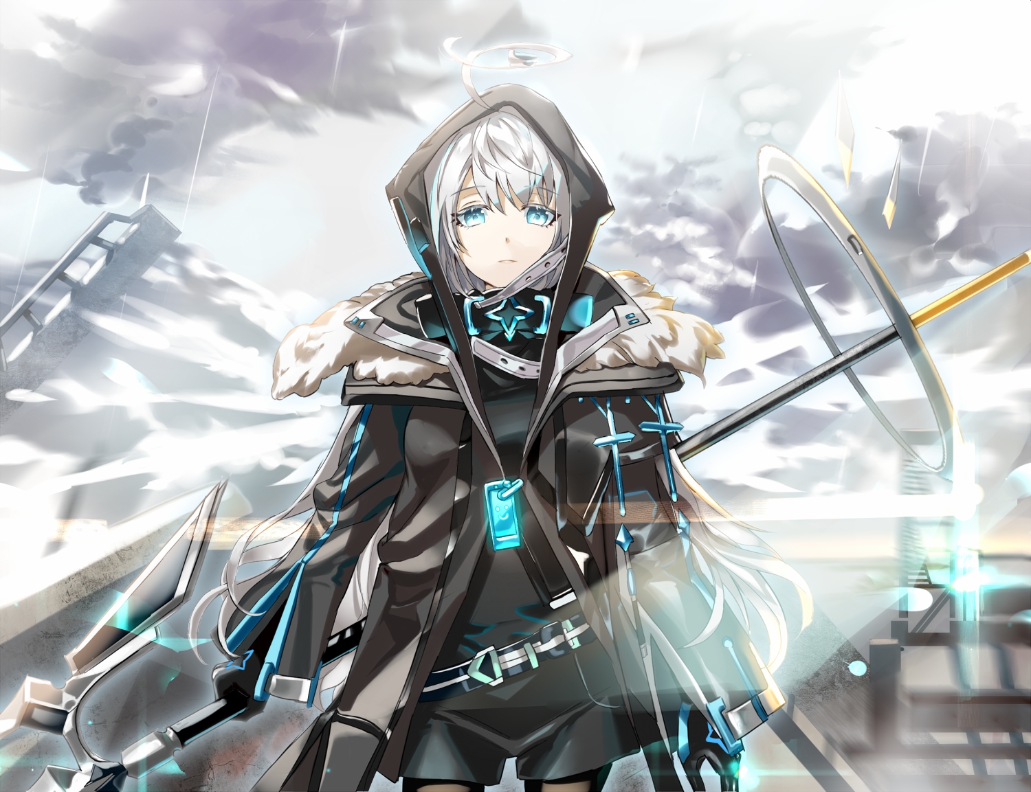 aqua_eyes, clouds, ddaomphyo, gray_hair, hood, original, sky, spear