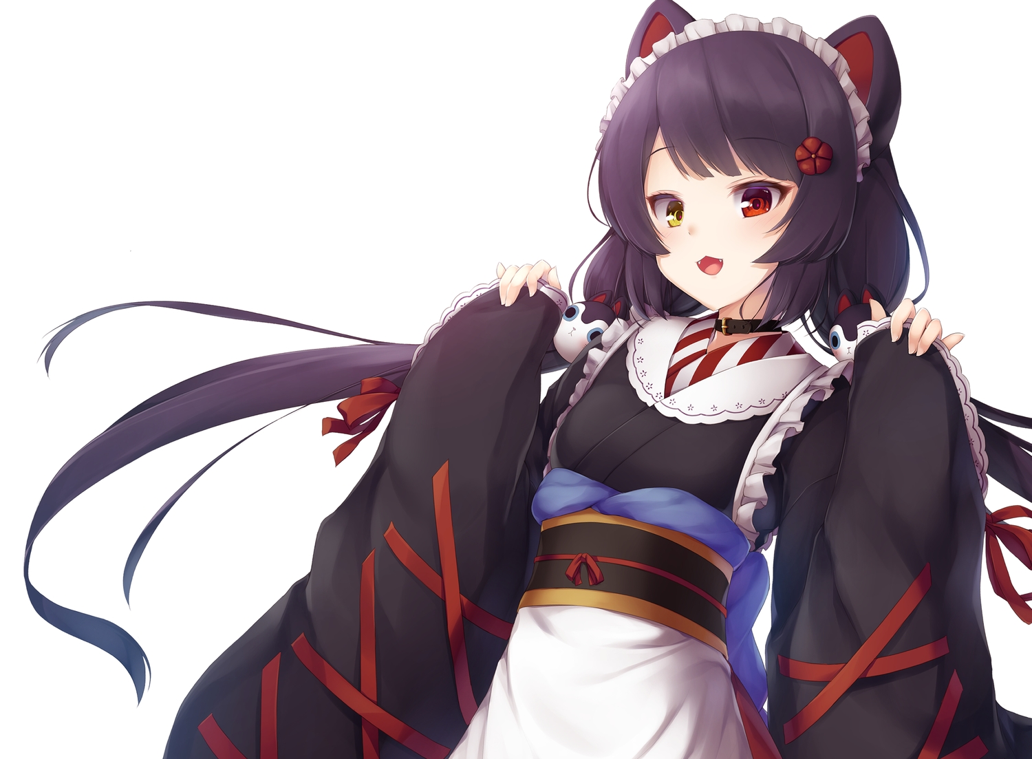 animal_ears, bicolored_eyes, black_hair, blush, cat_smile, collar, doggirl, fang