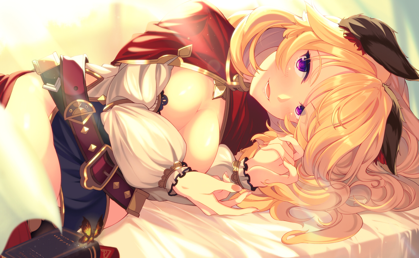 animal_ears, bed, blonde_hair, blush, book, breasts, butterfly, cleavage, mizuyoukan_(mikususannda), original, purple_eyes