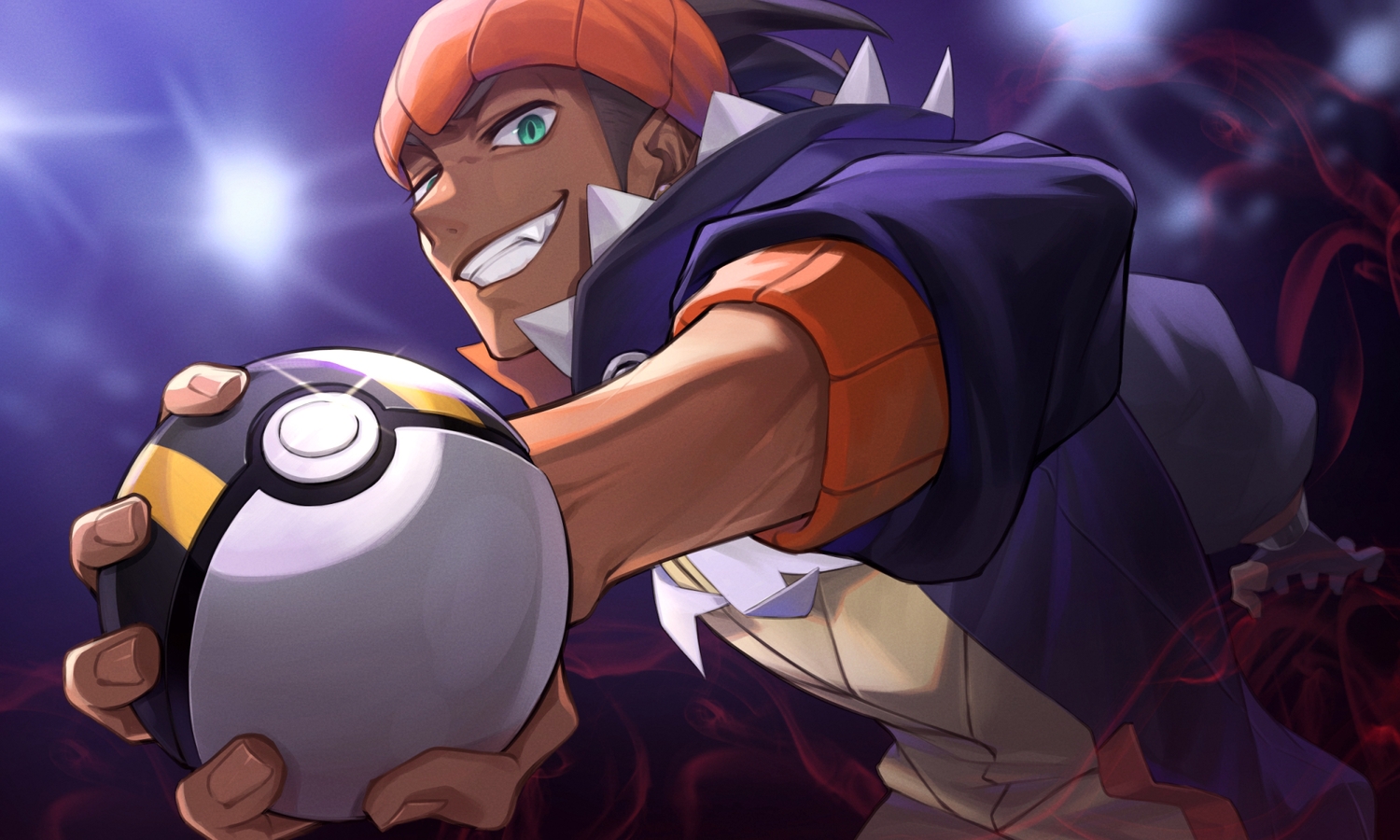 all_male, black_hair, close, dark_skin, green_eyes, kibana_(pokemon), male, para_sitism