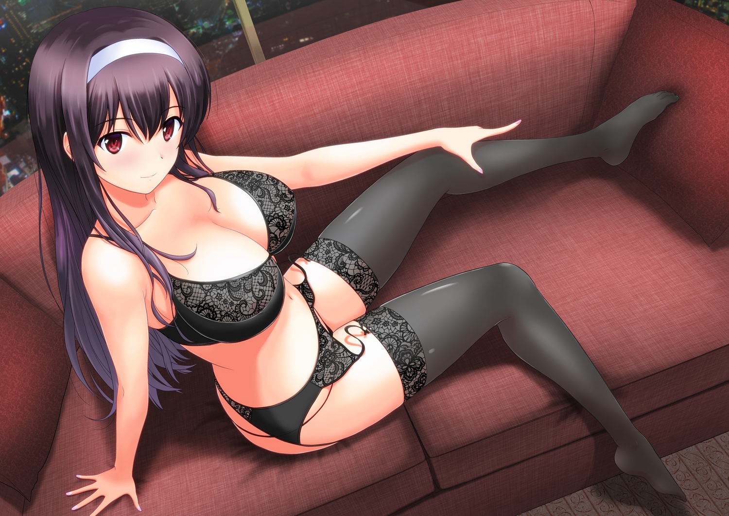 breasts, cleavage, couch, garter_belt, kasumigaoka_utaha, long_hair, red_eyes, saenai_heroine_no_sodatekata, satou_chagashi, stockings, underwear