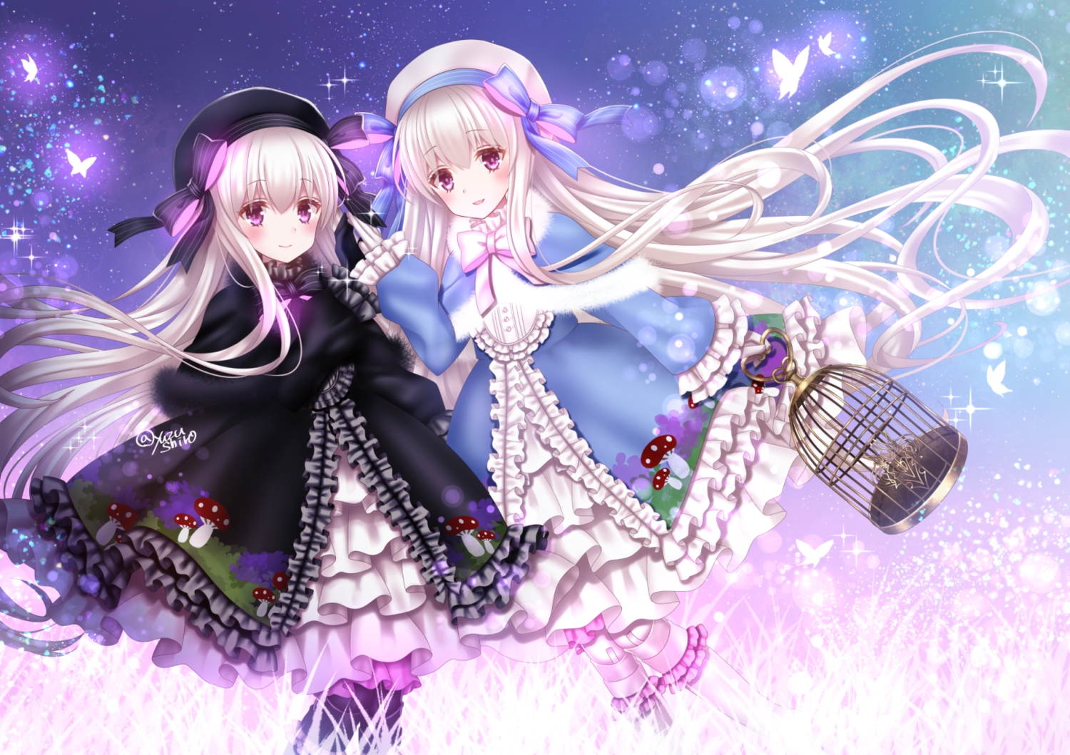 2girls, alice_(fate/extra), butterfly, cage, fate/grand_order, fate_(series), goth-loli, gray_hair, hat, lolita_fashion, long_hair, nursery_rhyme_(fate/extra), purple_eyes, signed, yuzushiro