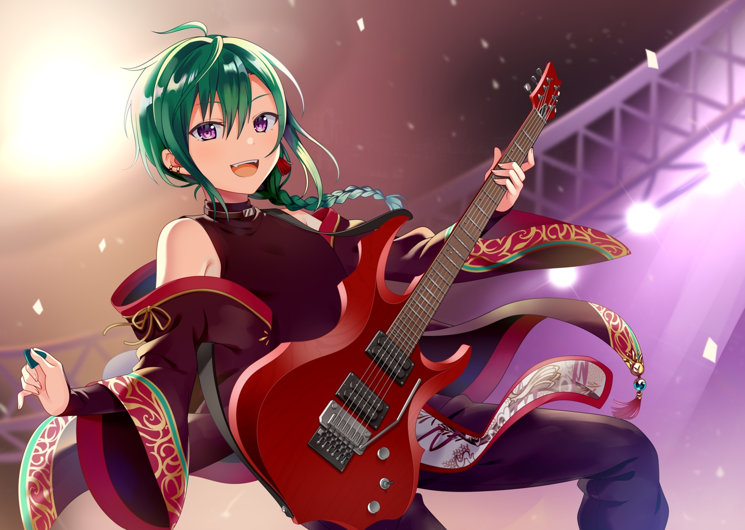 braids, fang, green_hair, guitar, instrument, long_hair, nijisanji, ponytail