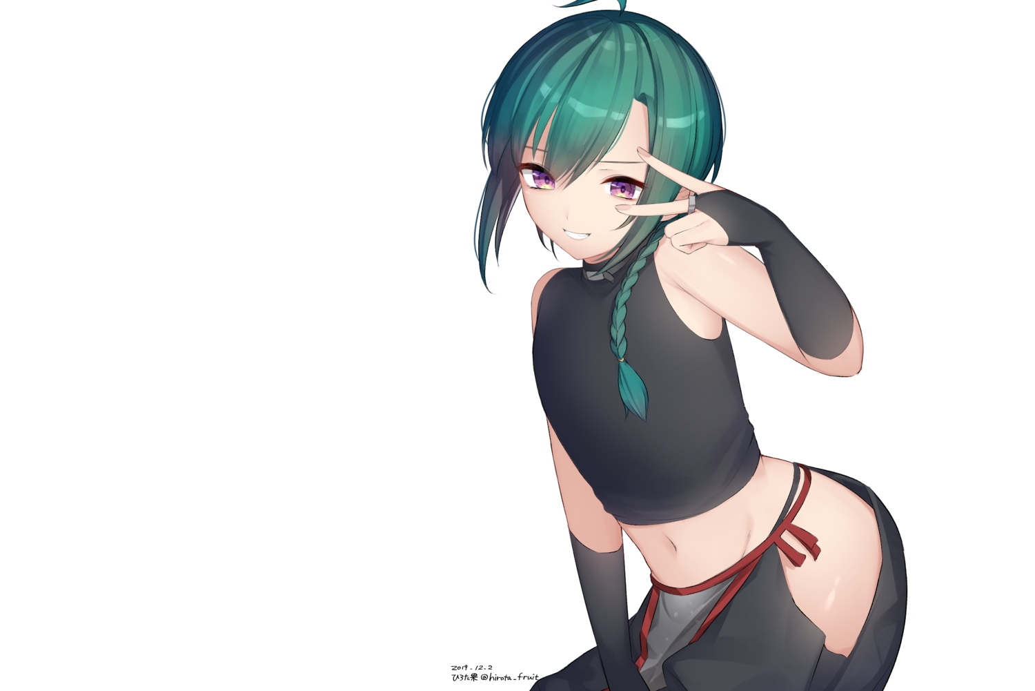 braids, elbow_gloves, gloves, green_hair, hirota_fruit, long_hair, navel, nijisanji