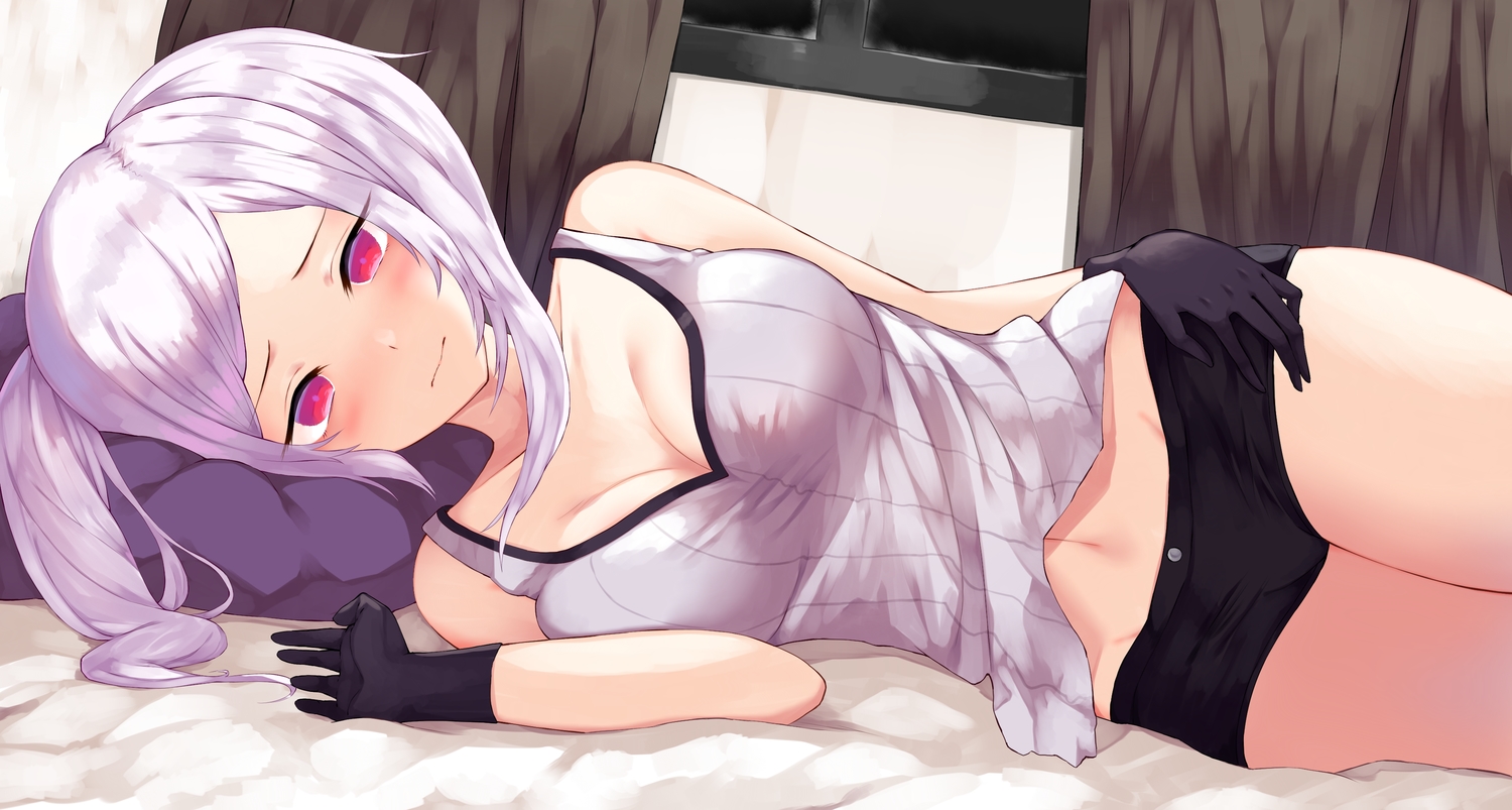 breasts, cleavage, fire_emblem, gloves, navel, red_eyes, robin_(fire_emblem), shorts, twintails, white_hair, yamato_(muchuu_paradigm)