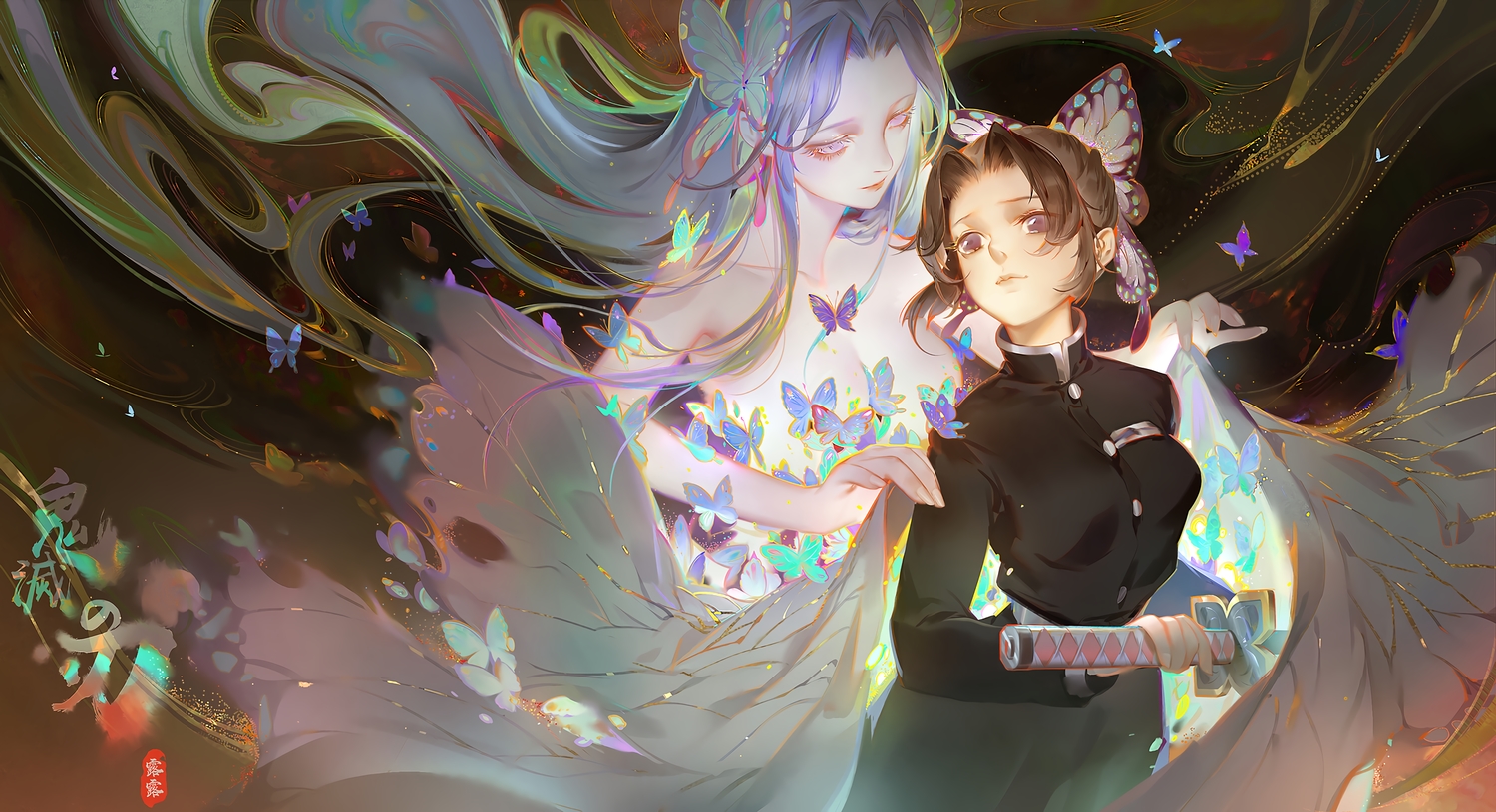 brown_hair, butterfly, japanese_clothes, katana, kimetsu_no_yaiba, kochou_kanae, kochou_shinobu, long_hair