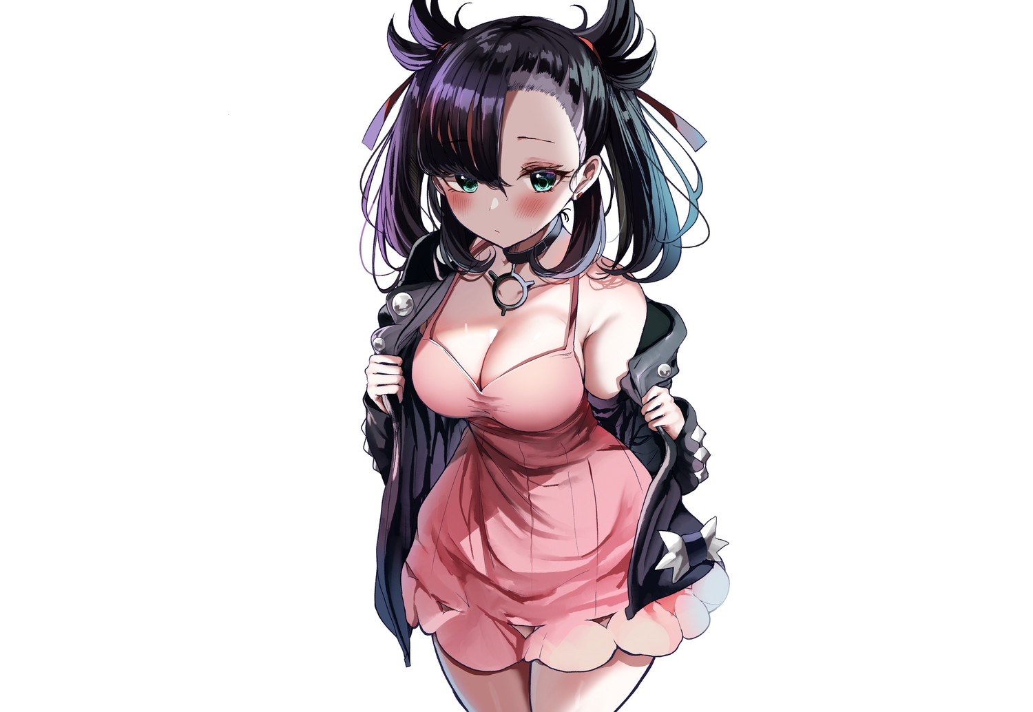 black_hair, blush, breasts, choker, cleavage, dress, green_eyes, long_hair, mary_(pokemon), pokemon, sak_(lemondisk), third-party_edit, twintails, white