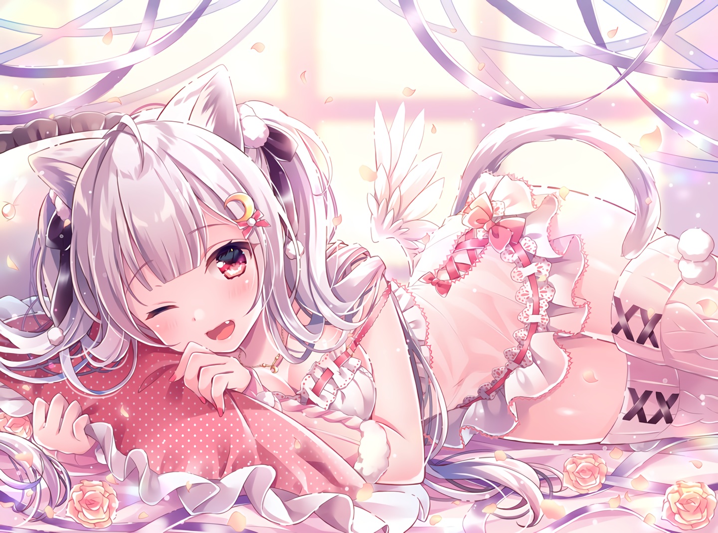 animal_ears, bed, blush, catgirl, fang, flowers, gray_hair, long_hair, nemuri_nemu, original, red_eyes, ribbons, rose, tail, thighhighs, twintails, waifu2x, wings, wink