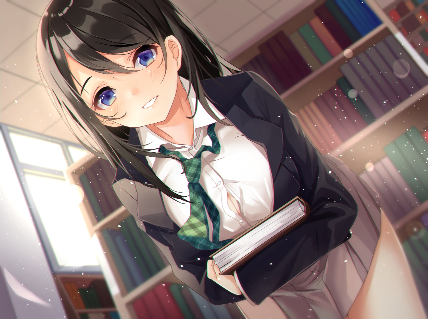 black_hair, blue_eyes, blush, book, breasts, cleavage, long_hair, original, pecco_chan, school_uniform, skirt, tie