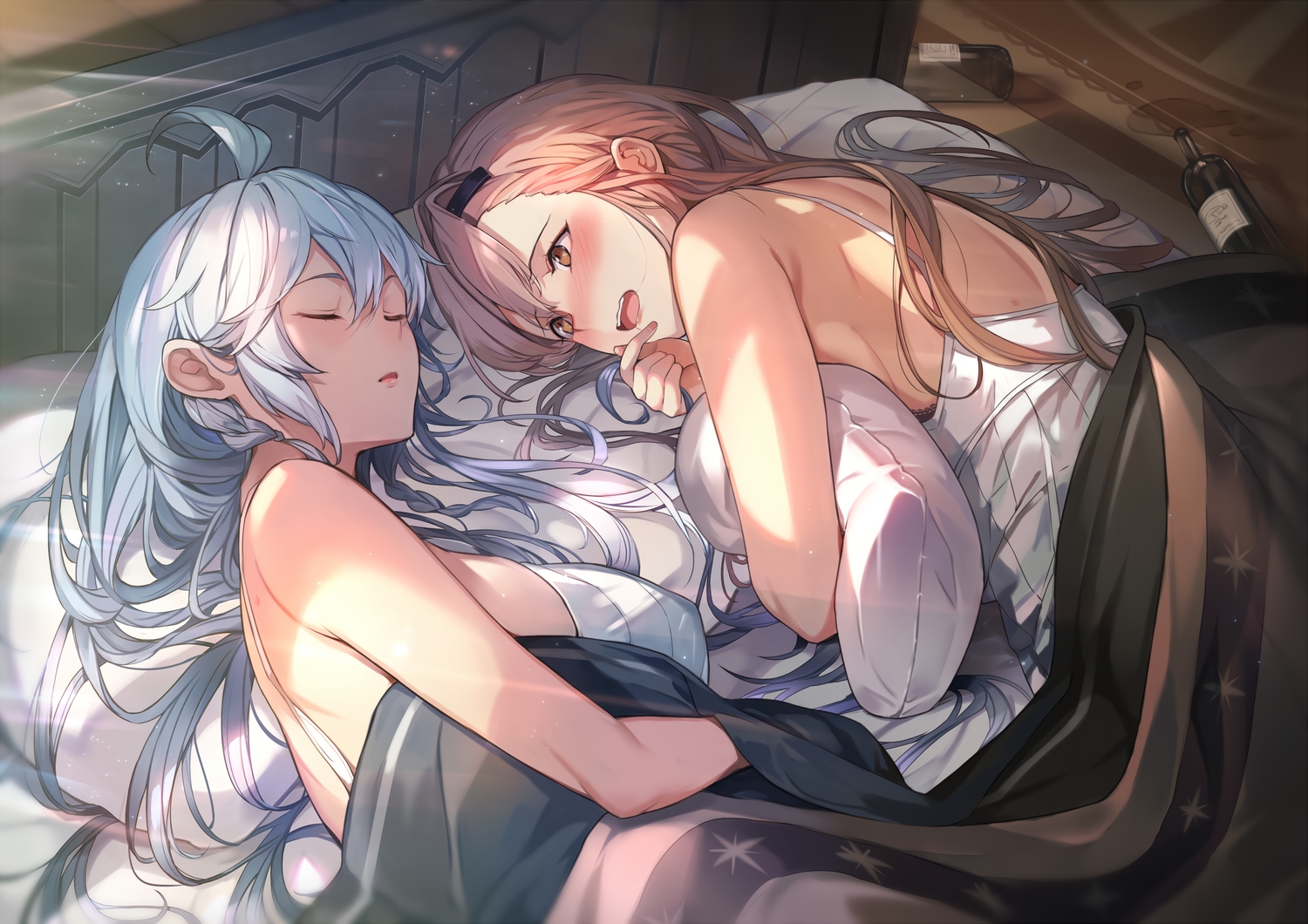 2girls, bed, blush, braids, brown_eyes, brown_hair, granblue_fantasy, kakage