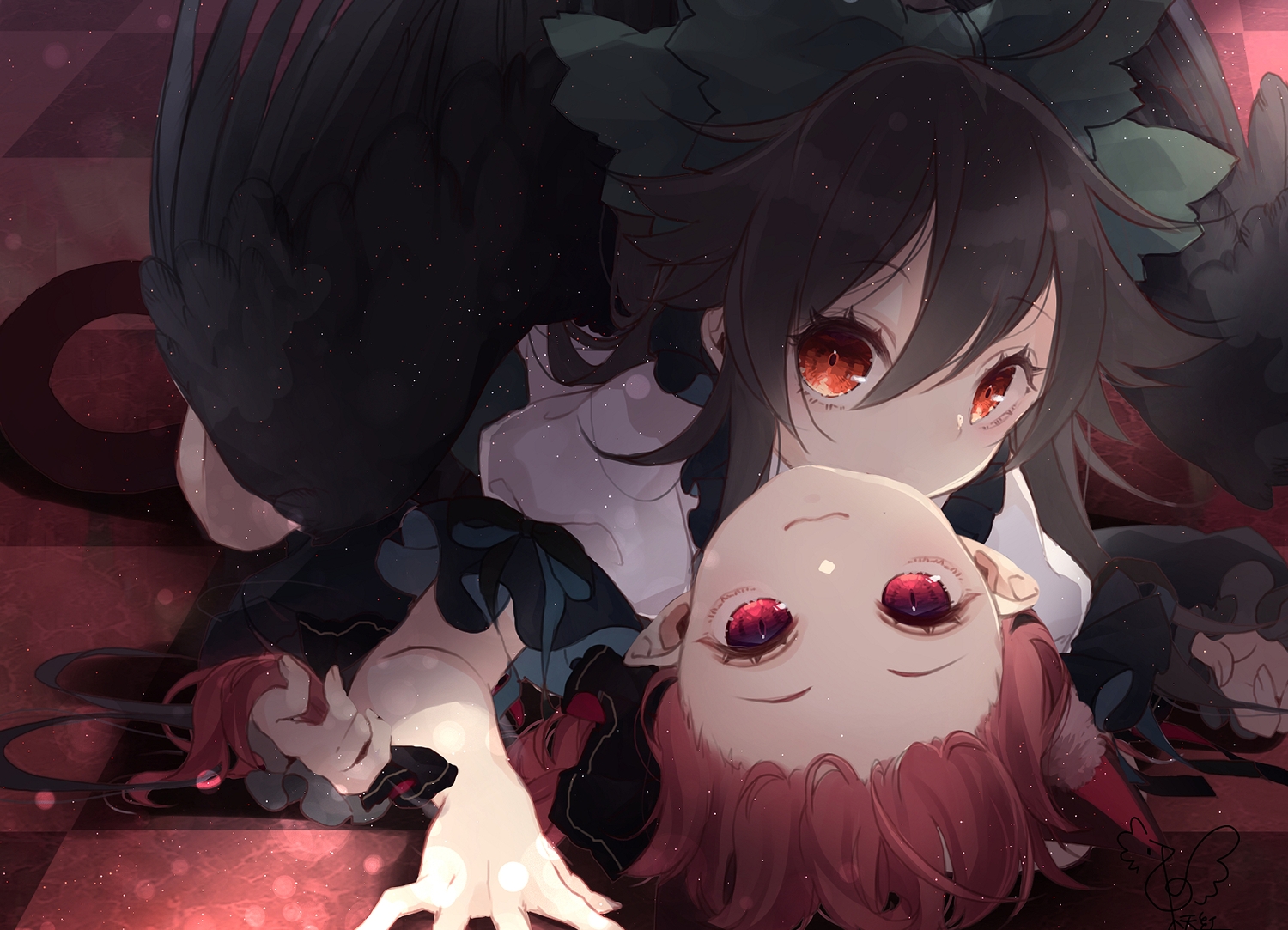 2girls, animal_ears, black_hair, catgirl, kaenbyou_rin, long_hair, pointed_ears, red_eyes