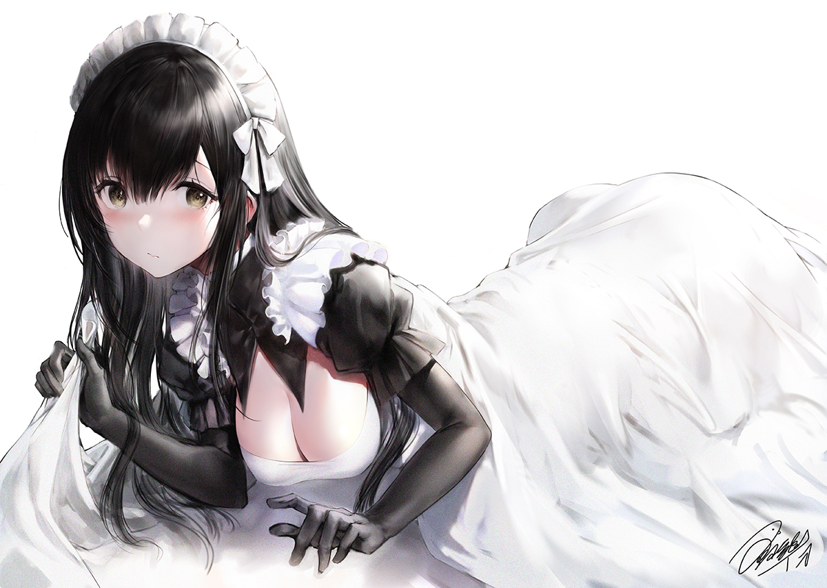 black_hair, blush, breasts, brown_eyes, cleavage, elbow_gloves, gloves, haori_iori