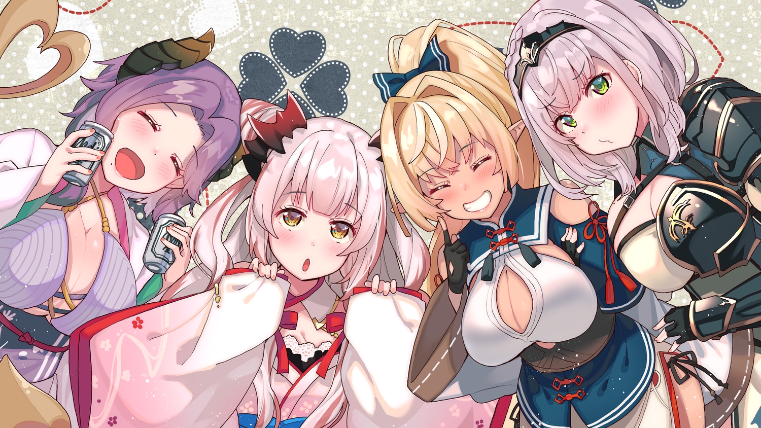 armor, blonde_hair, blush, breasts, cleavage, demon, drink, gray_hair