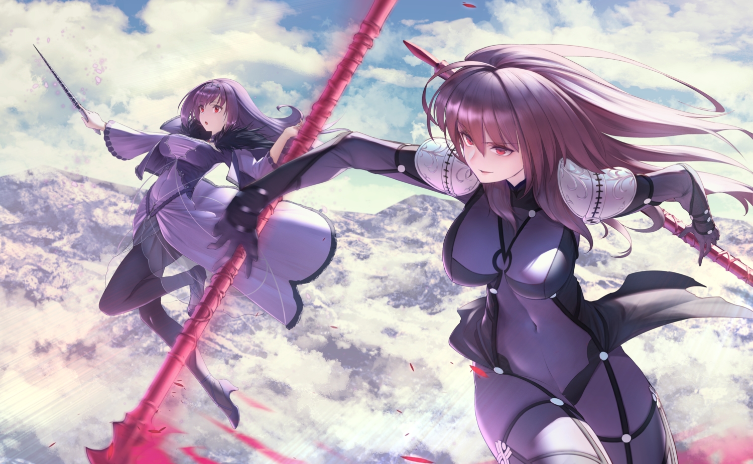 armor, bodysuit, clouds, cropped, fate/grand_order, fate_(series), itaco1987, long_hair