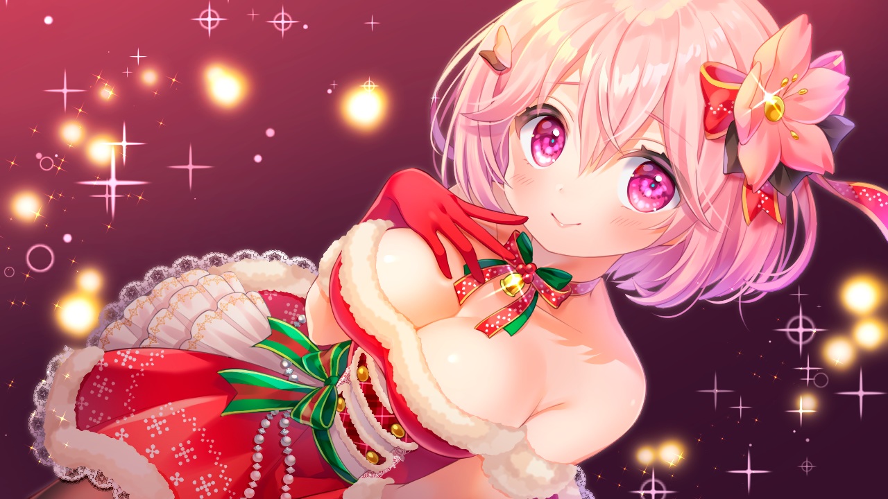 bell, bow, breasts, choker, christmas, cleavage, dress, elbow_gloves
