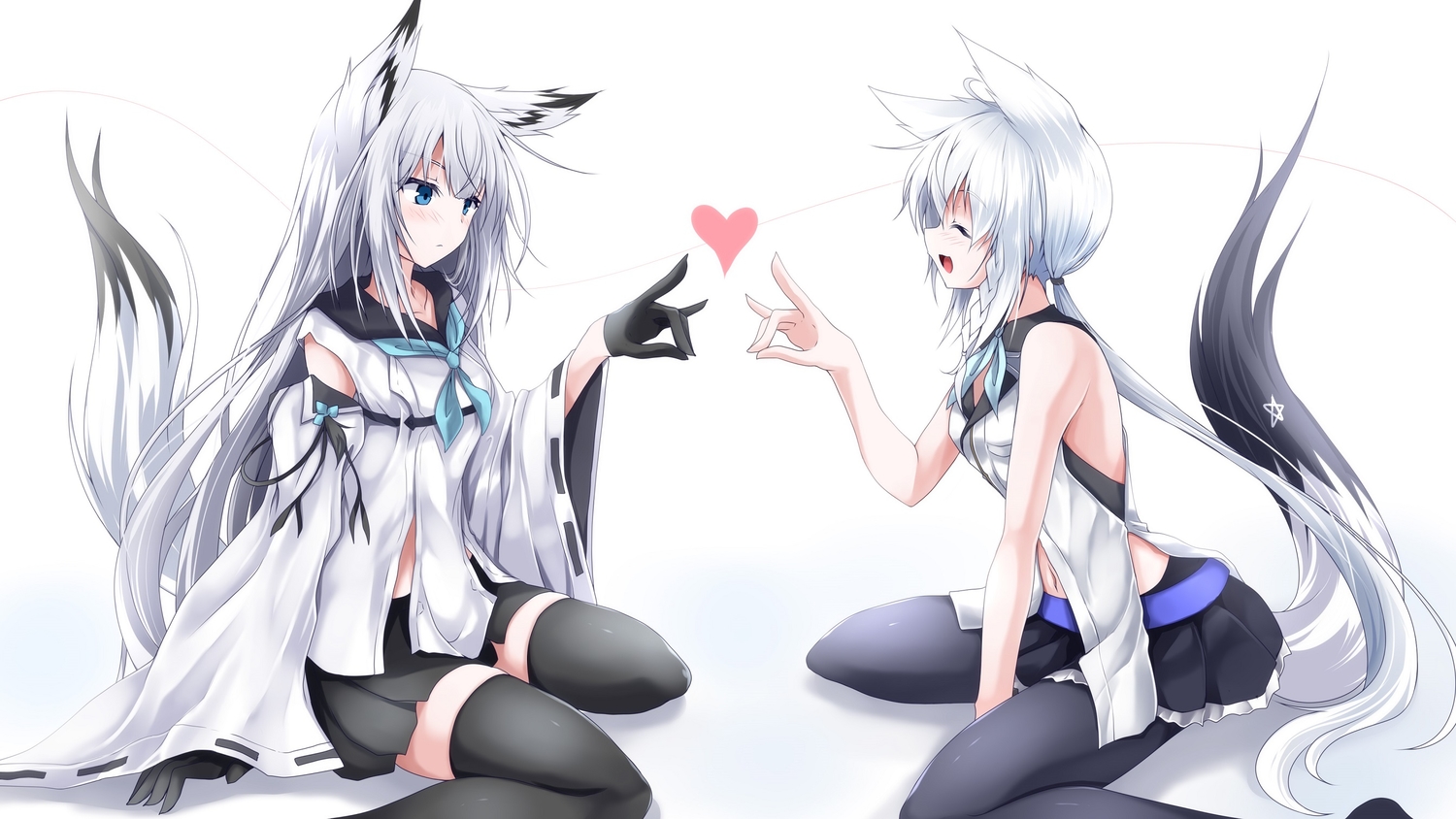 2girls, animal_ears, anthropomorphism, azur_lane, crossover, foxgirl, g_(desukingu), hololive, kawakaze_(azur_lane), shirakami_fubuki, thighhighs