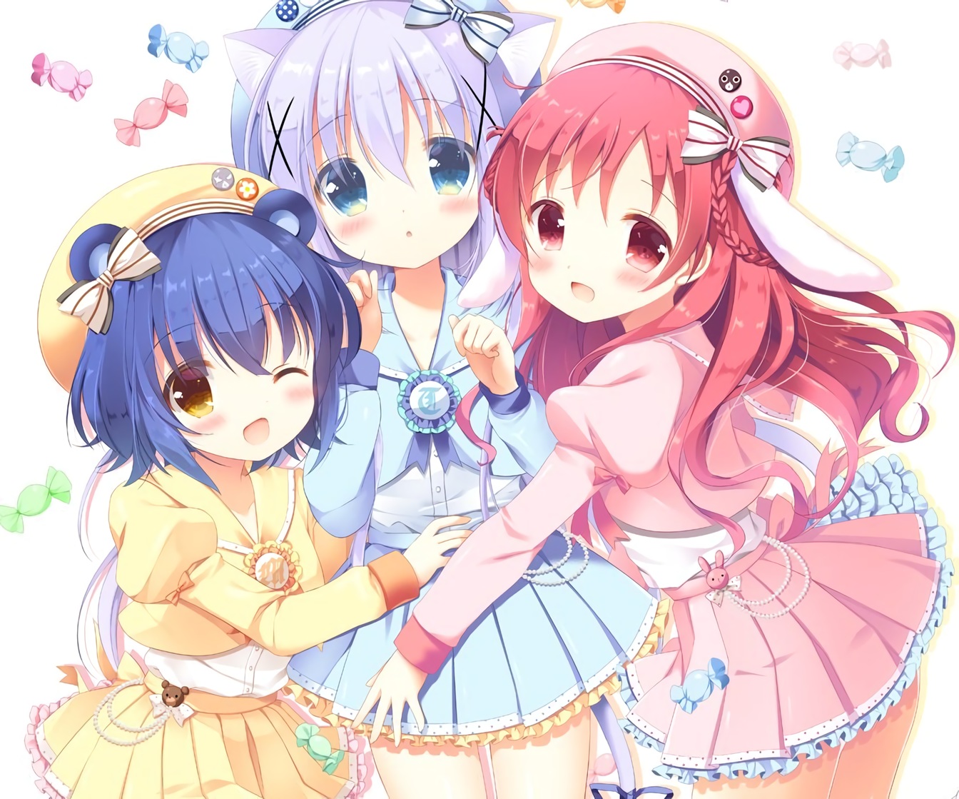 animal_ears, aono_ribbon, aqua_eyes, blue_hair, blush, bow, bunny_ears, candy, catgirl, cropped, gochuumon_wa_usagi_desu_ka?, gray_hair, hat, jouga_maya, kafuu_chino, loli, lolita_fashion, natsu_megumi, red_eyes, red_hair, ribbons, short_hair, tail, uniform, waifu2x, wink, yellow_eyes