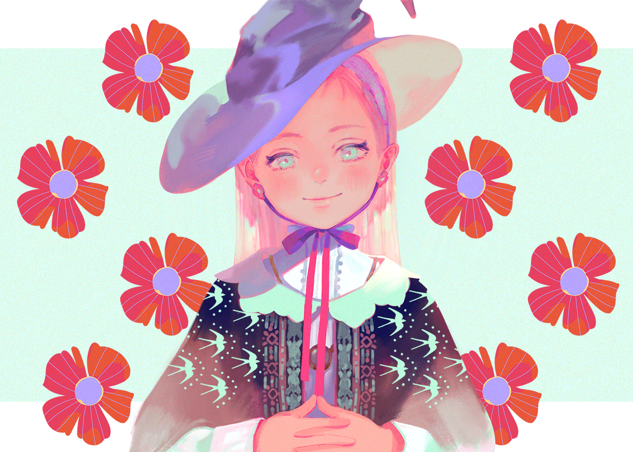 animated, aqua_eyes, hat, long_hair, original, pink_hair, ribbons, satomatoma, witch_hat
