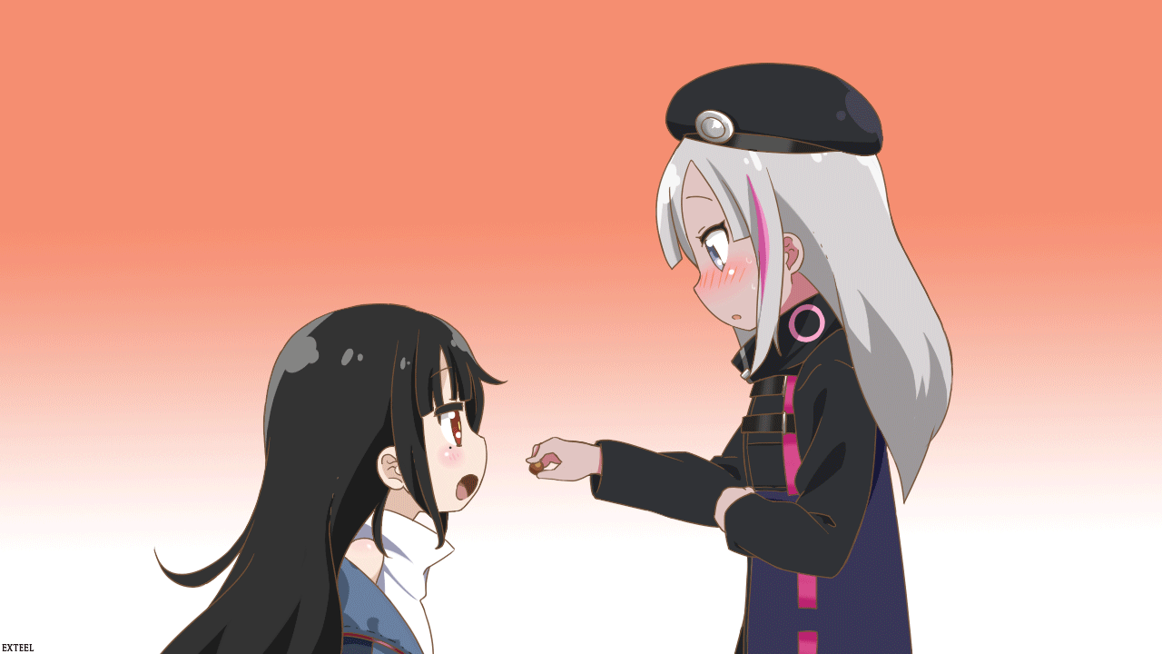 2girls, animated, anthropomorphism, black_hair, blush, brown_eyes, c-ms_(girls_frontline), exteel_(njm0125)