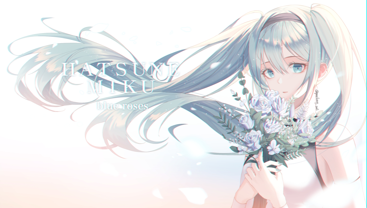 aqua_eyes, aqua_hair, flowers, hatsune_miku, long_hair, rose, signed, soli_(pouiliuoq_soli), twintails, vocaloid
