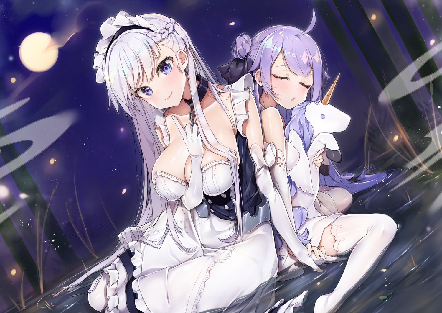 2girls, anthropomorphism, azur_lane, belfast_(azur_lane), breasts, cleavage, jpeg_artifacts, long_hair