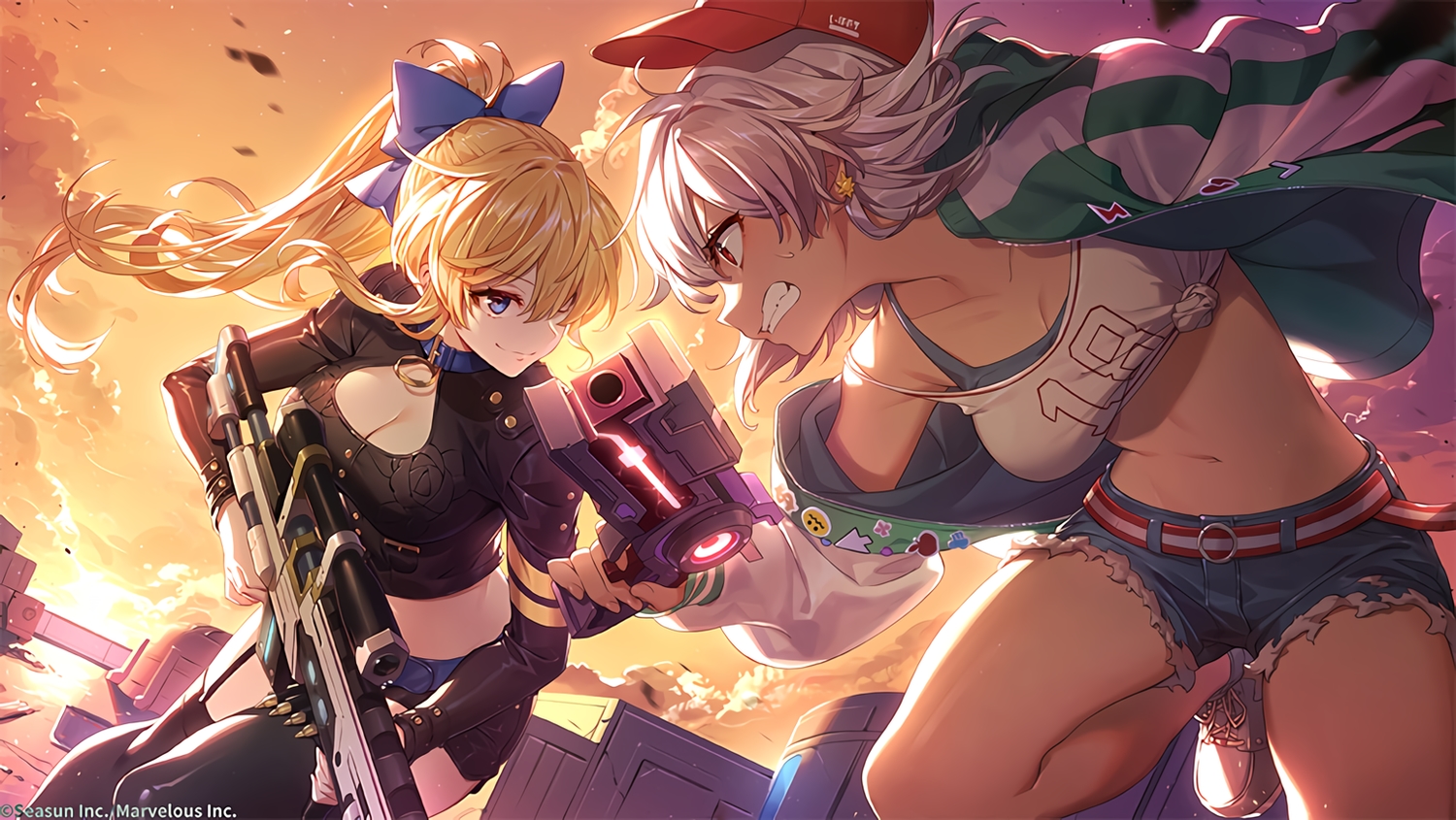 2girls, blonde_hair, blue_eyes, clouds, enmr39_(anonyma), garter_belt, girl_cafe_gun_(game), gun, hat, juno_emmons, lida_romero, navel, open_shirt, ponytail, red_eyes, shorts, sky, stockings, sunset, waifu2x, weapon, white_hair
